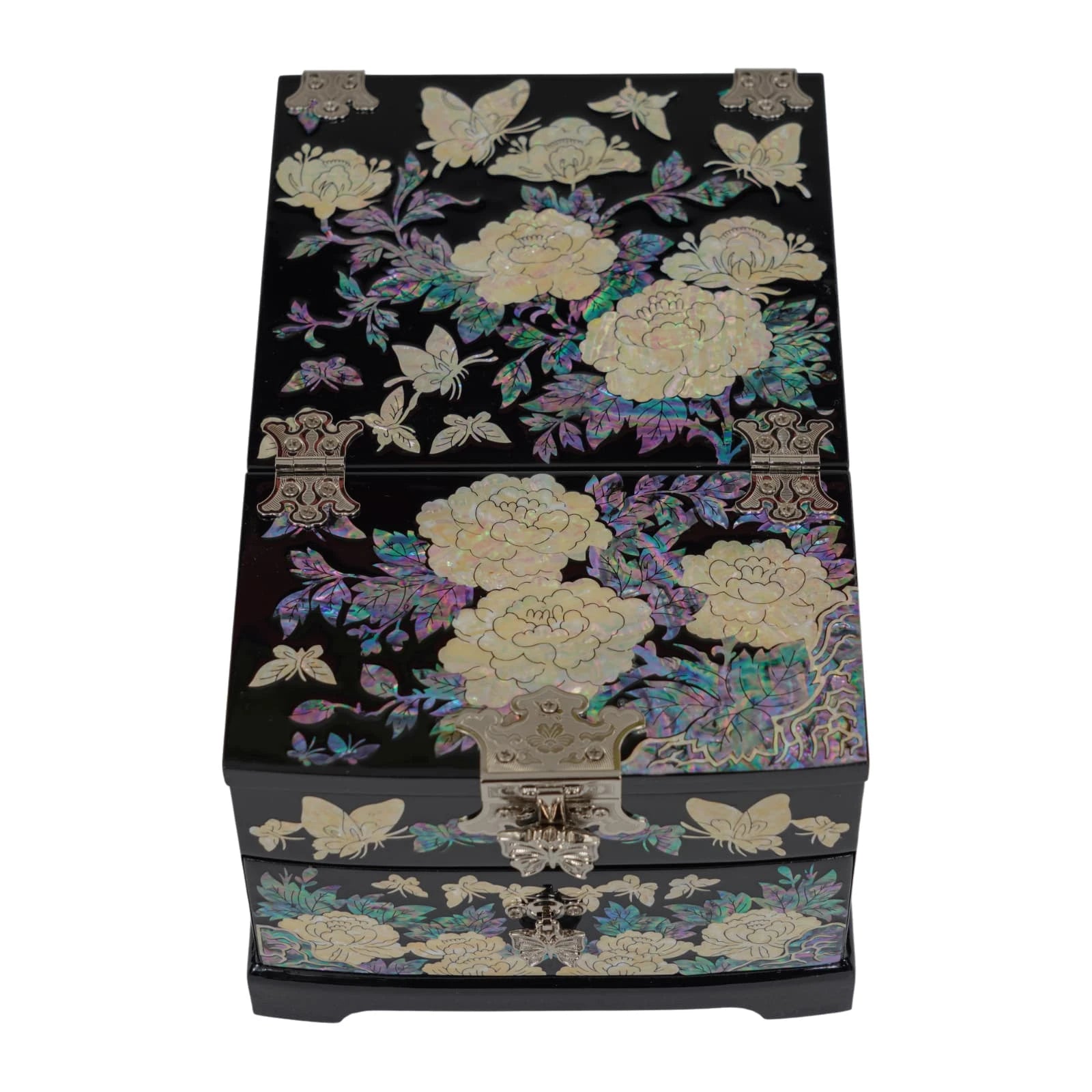 Black lacquer jewelry box with mother of pearl floral and butterfly inlay, decorative storage box with ornate metal latch