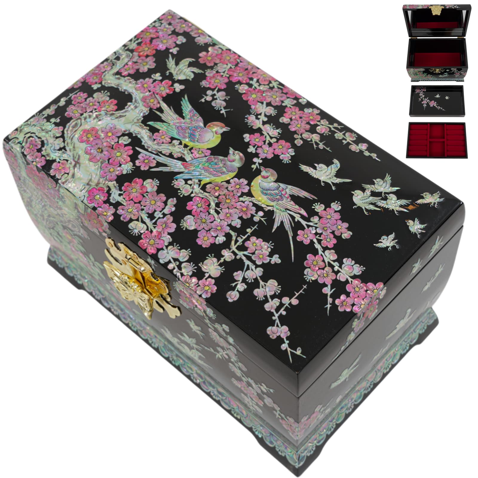 Black lacquer jewelry box with pink mother-of-pearl blossoms and birds design.