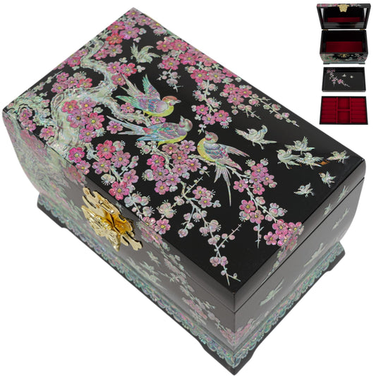 Black lacquer jewelry box with pink mother-of-pearl blossoms and birds design.