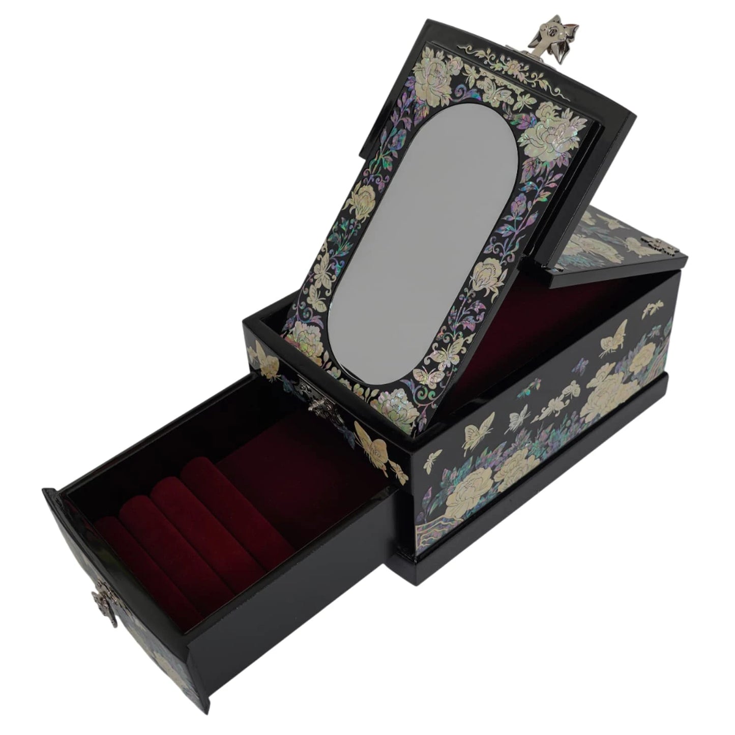 Black lacquer jewelry box with pull-out drawer lined in velvet, mother of pearl floral design, luxury jewelry storage box