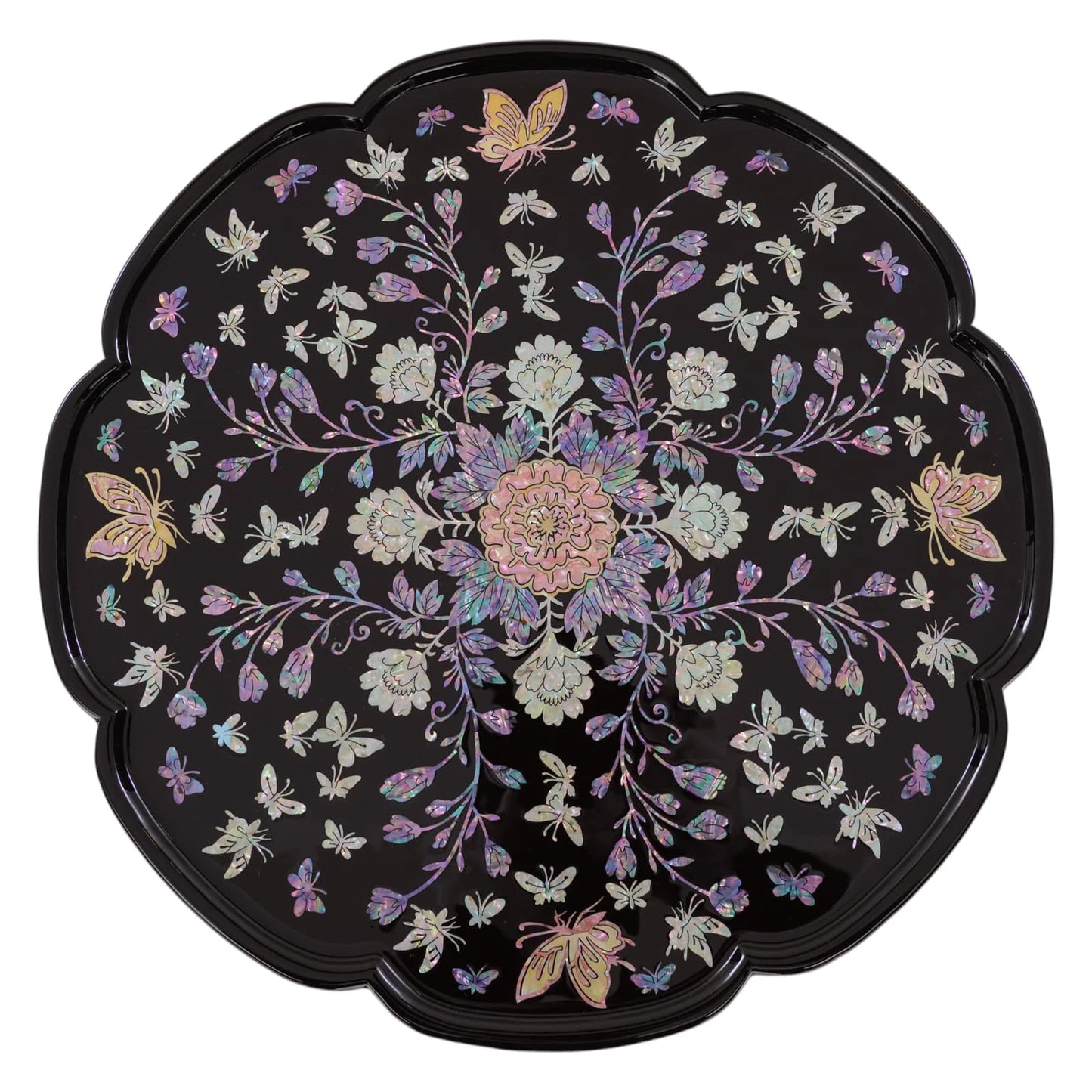 Black lacquer mother-of-pearl inlay round tray with detailed floral butterfly design and scalloped rim