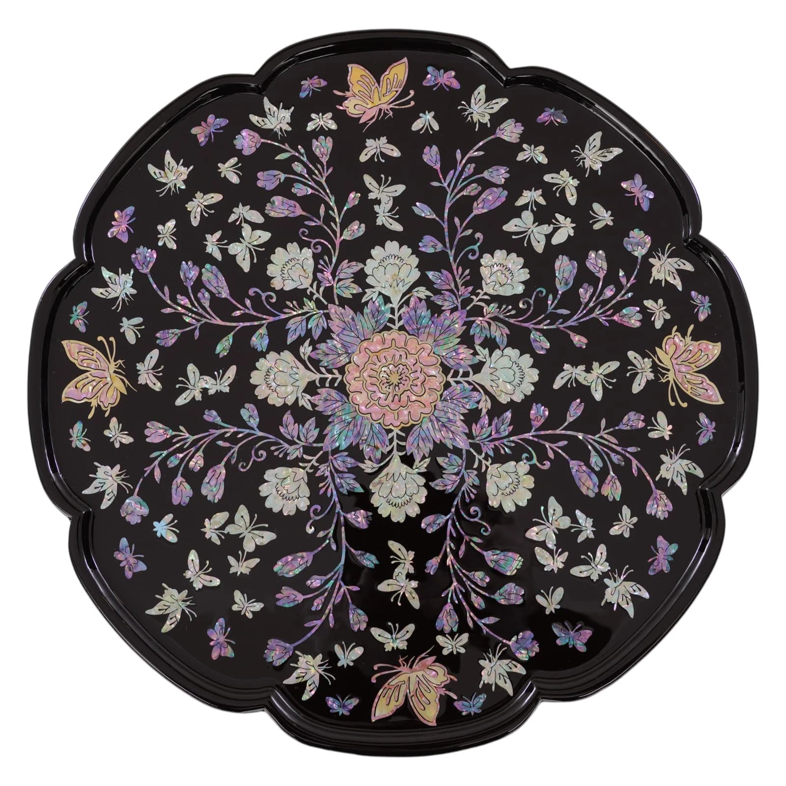 Black lacquer mother-of-pearl inlay round tray with detailed floral butterfly design and scalloped rim