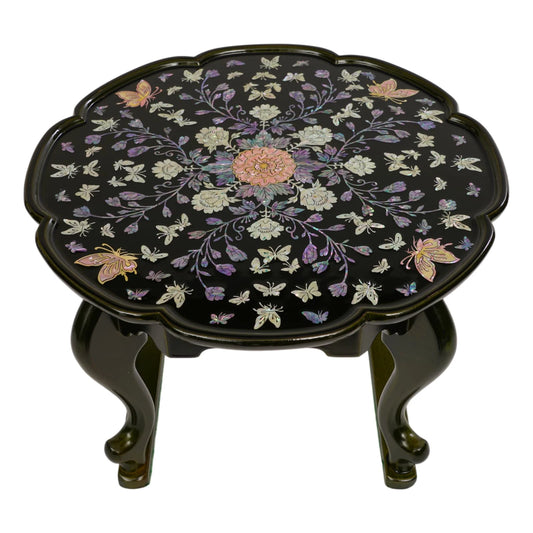 Black lacquer mother-of-pearl inlay tray table with curved wooden legs, floral and butterfly pattern, traditional Korean handmade decorative side table.