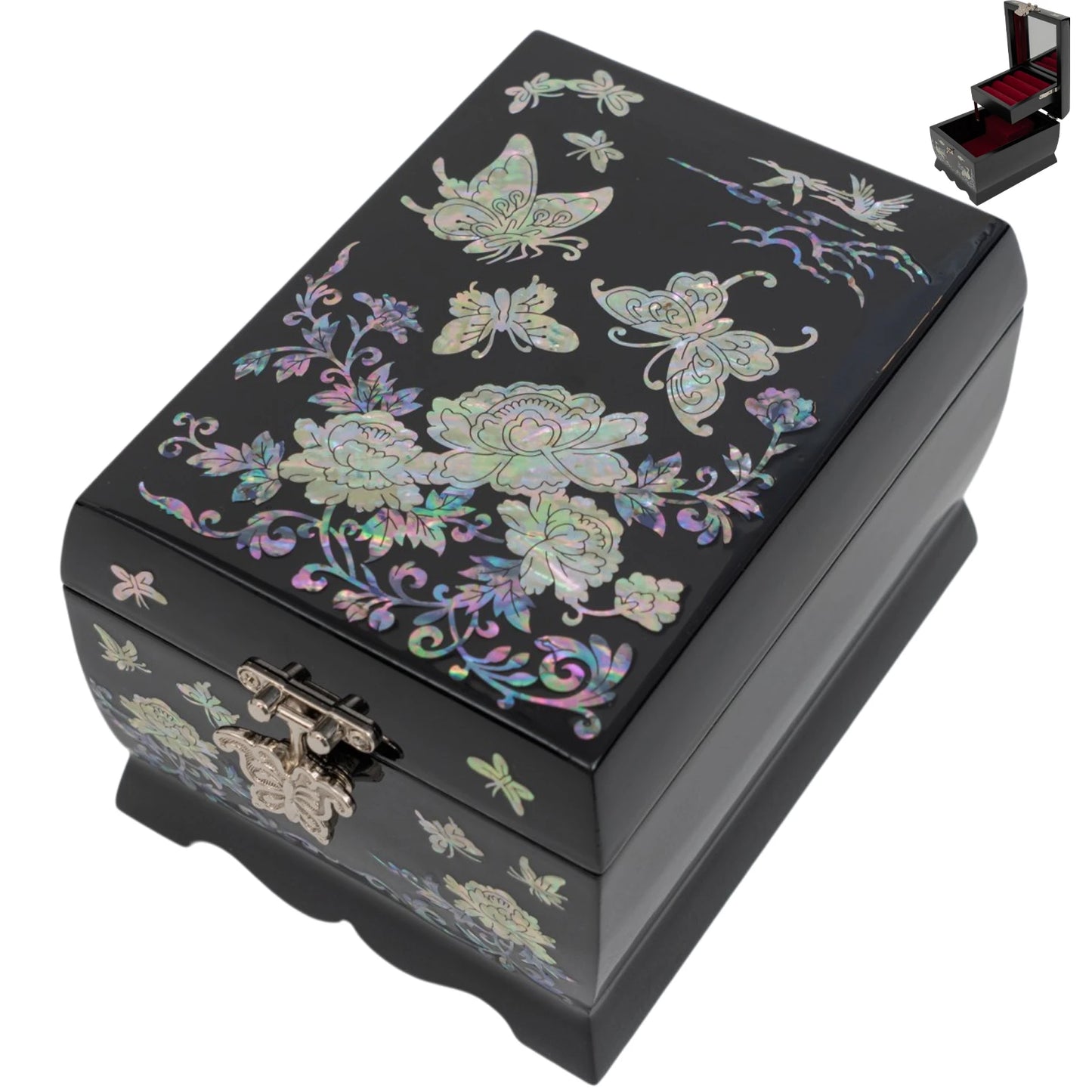 Decorative jewelry box with floral and butterfly designs on a white background
