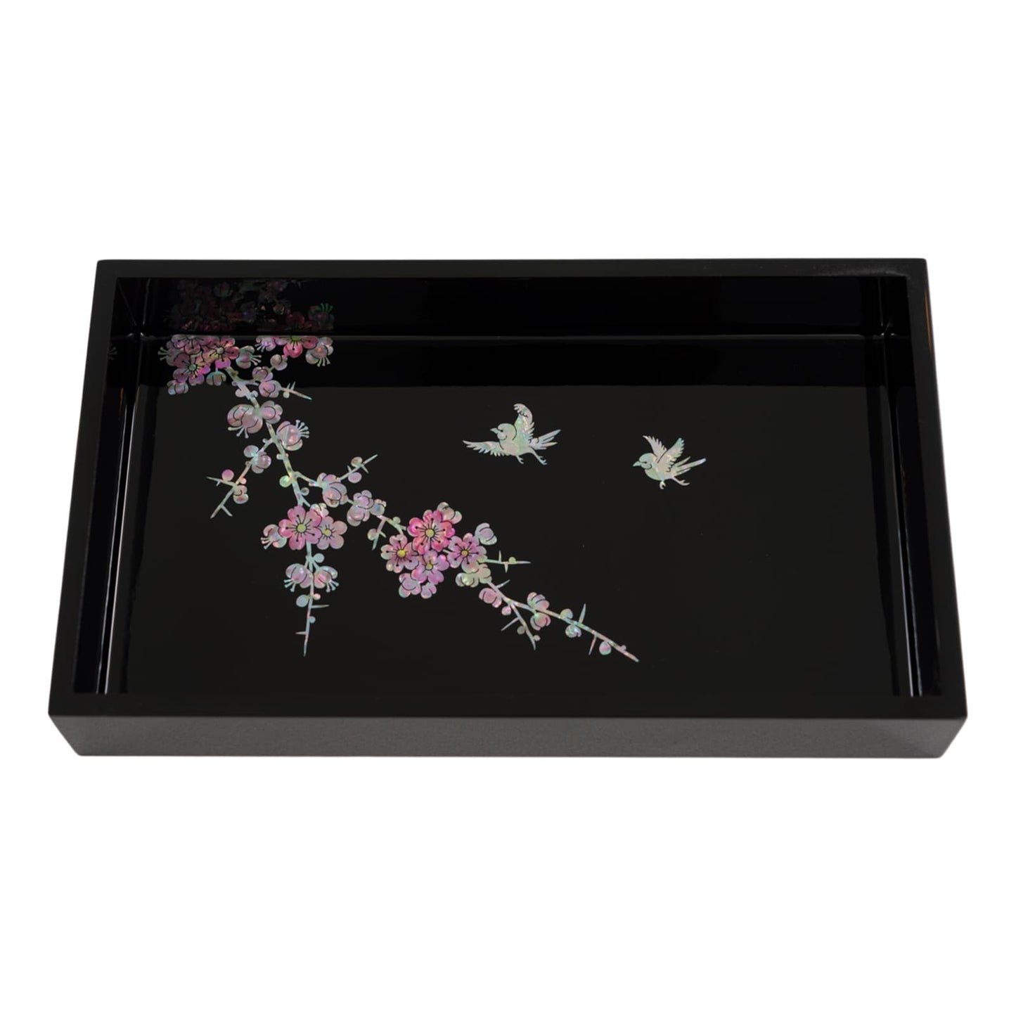 Black lacquer tray with pink blossom branch and flying bird inlay design