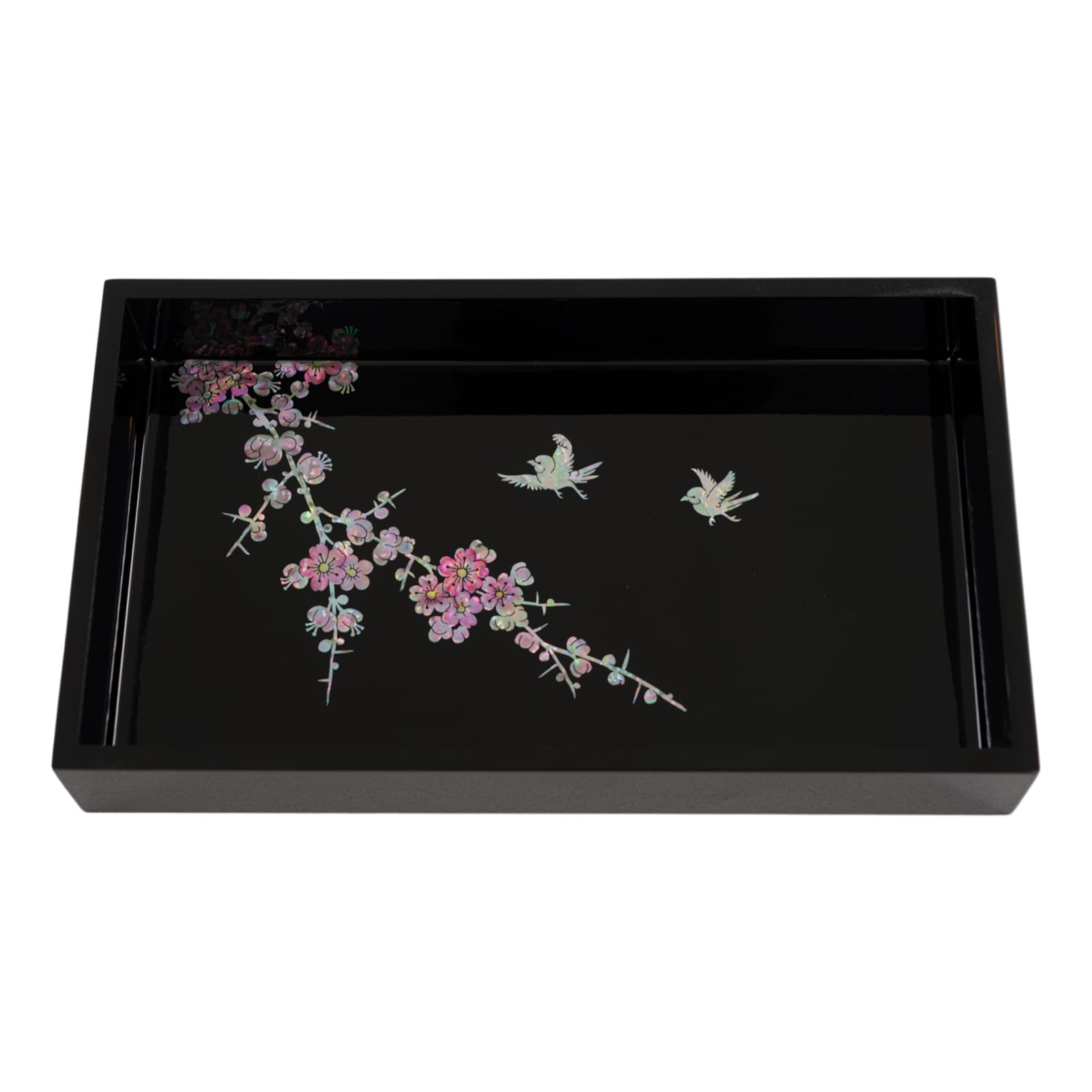 Black lacquer tray with pink blossom branch and flying bird inlay design