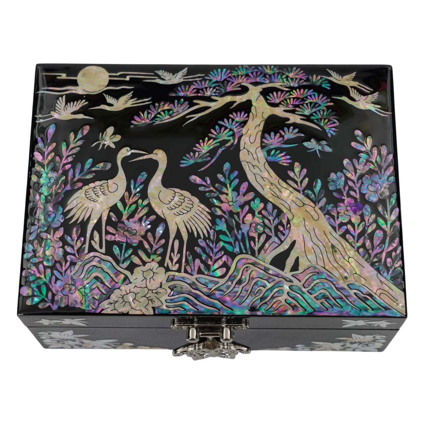 Black lacquer vanity jewelry box with mother of pearl crane and pine tree inlay, handcrafted Korean luxury decorative storage box