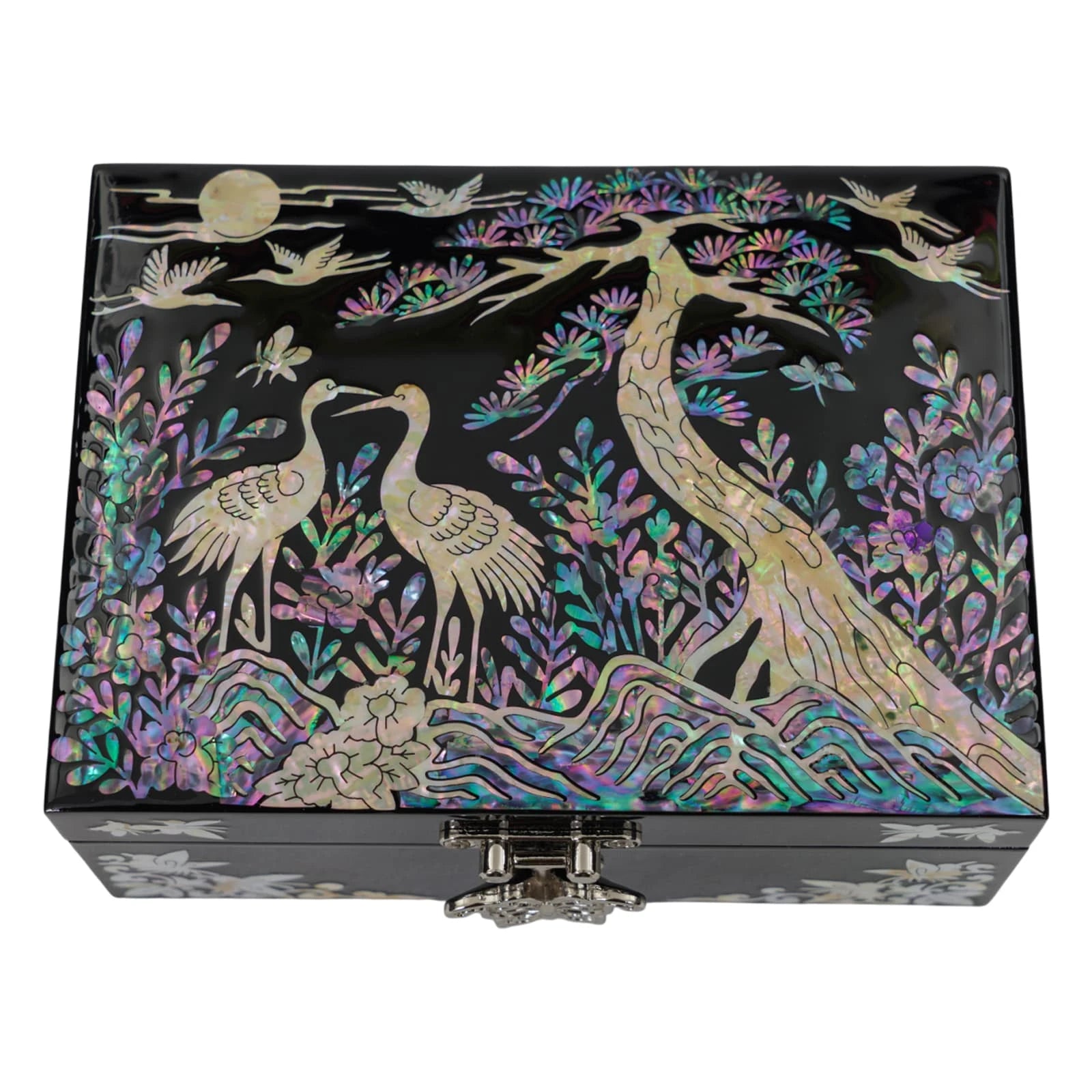 Black lacquer vanity jewelry box with mother of pearl crane and pine tree inlay, handcrafted Korean luxury decorative storage box