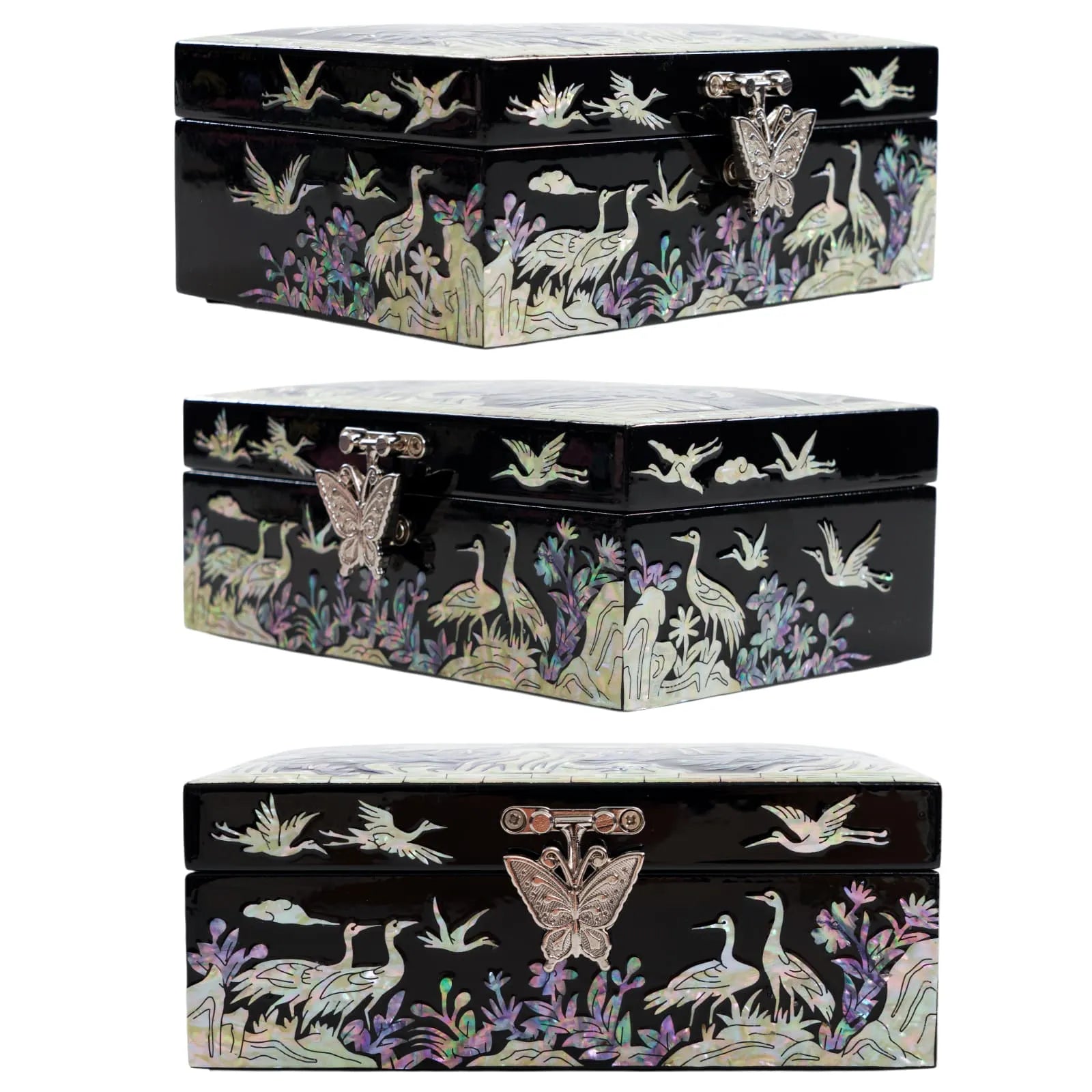 Black mother-of-pearl box with crane and flower design on all sides