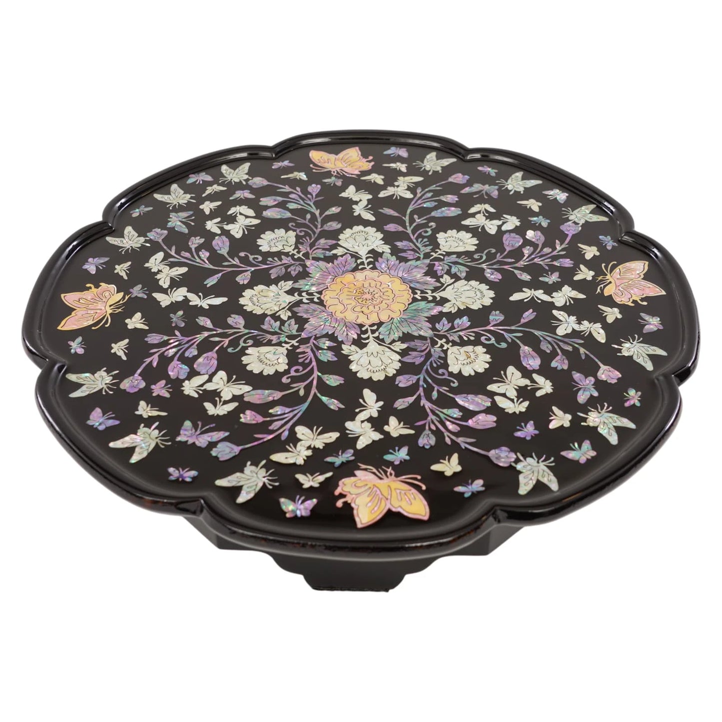 Black mother-of-pearl inlay round Korean lacquer tray table on traditional curved wooden legs, floral butterfly pattern