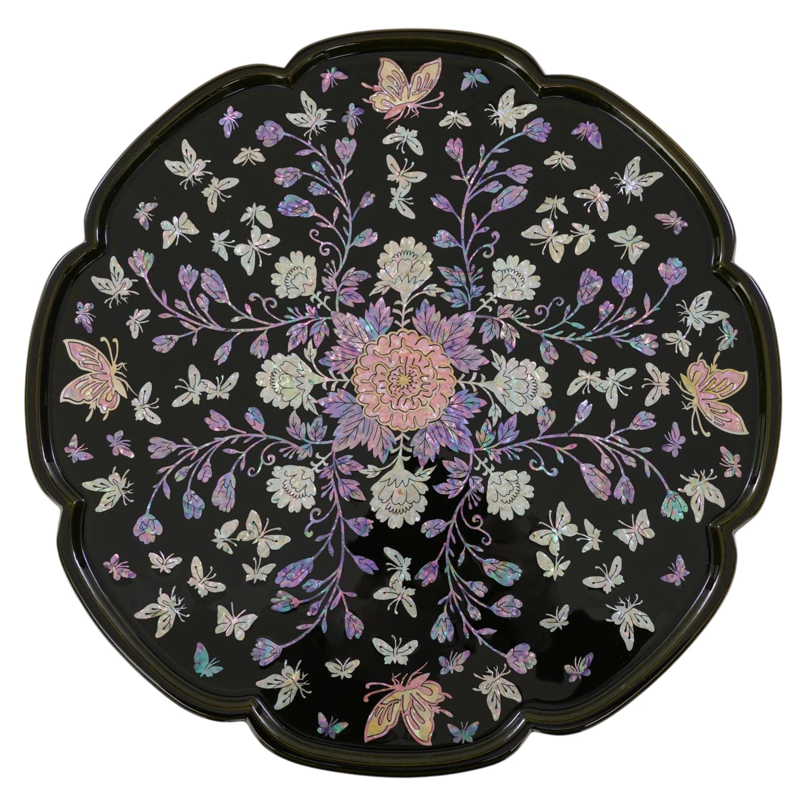 Black mother-of-pearl inlay tray table with scalloped edge, featuring butterfly and floral design on glossy lacquer surface, traditional Korean handcrafted decor table.