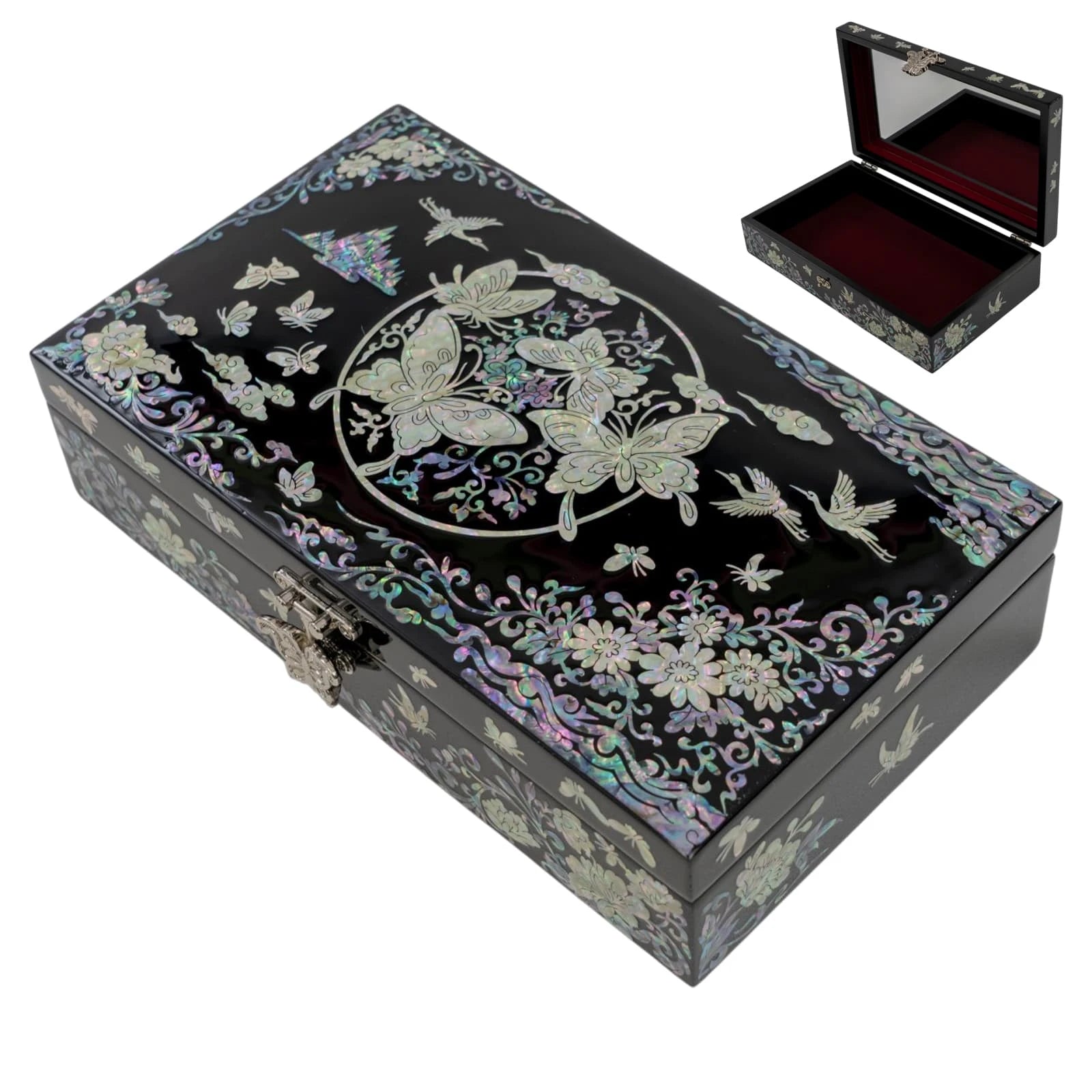 Black mother-of-pearl jewelry box featuring butterfly motifs, floral scrollwork, and glossy lacquer finish