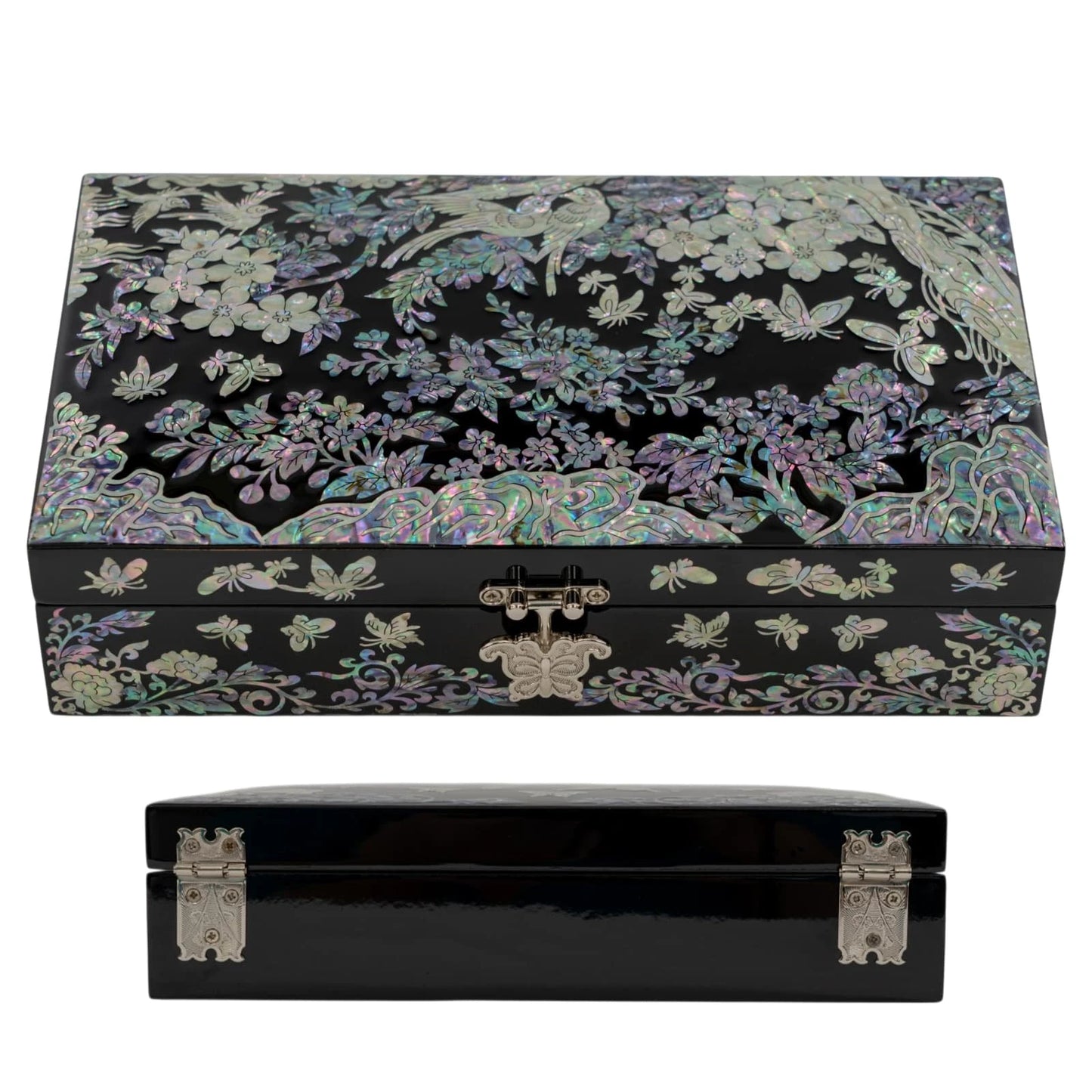 Black mother-of-pearl jewelry box with birds, blossoms, butterflies, and iridescent floral inlay
