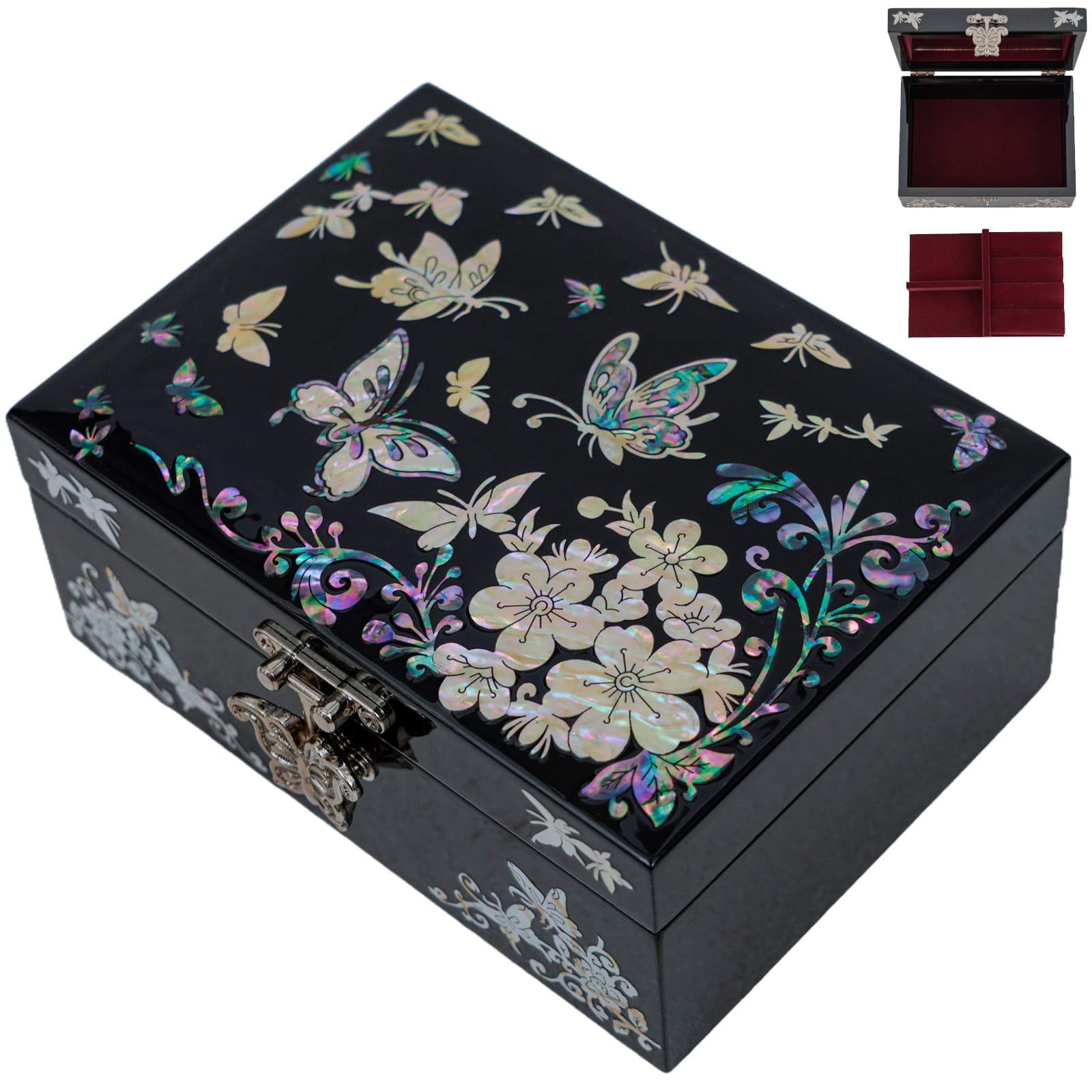 Black mother-of-pearl jewelry box with butterfly and floral inlay, shown closed and open