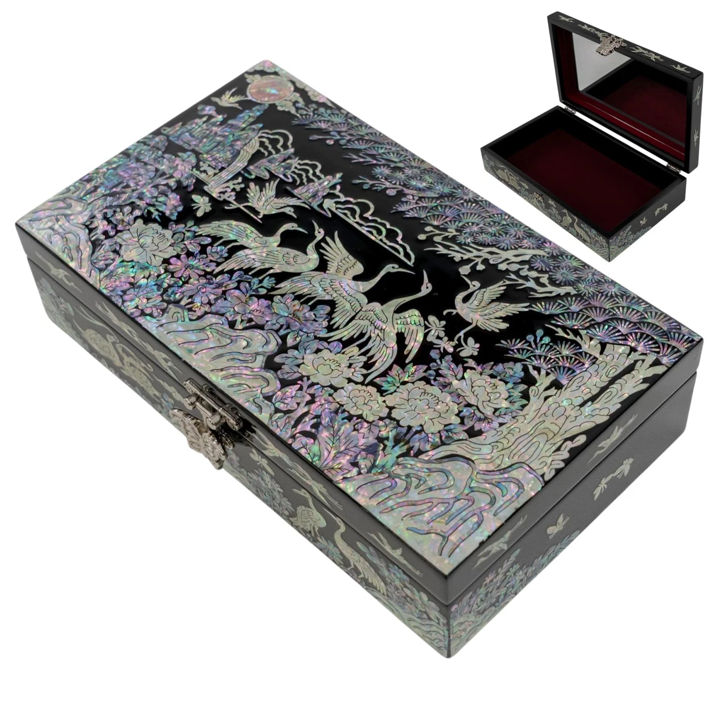 Black mother-of-pearl jewelry box with cranes, peonies, landscape scenery, and butterfly clasp