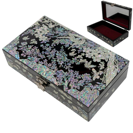 Black mother-of-pearl jewelry box with floral and bird inlay, mirror-lined interior