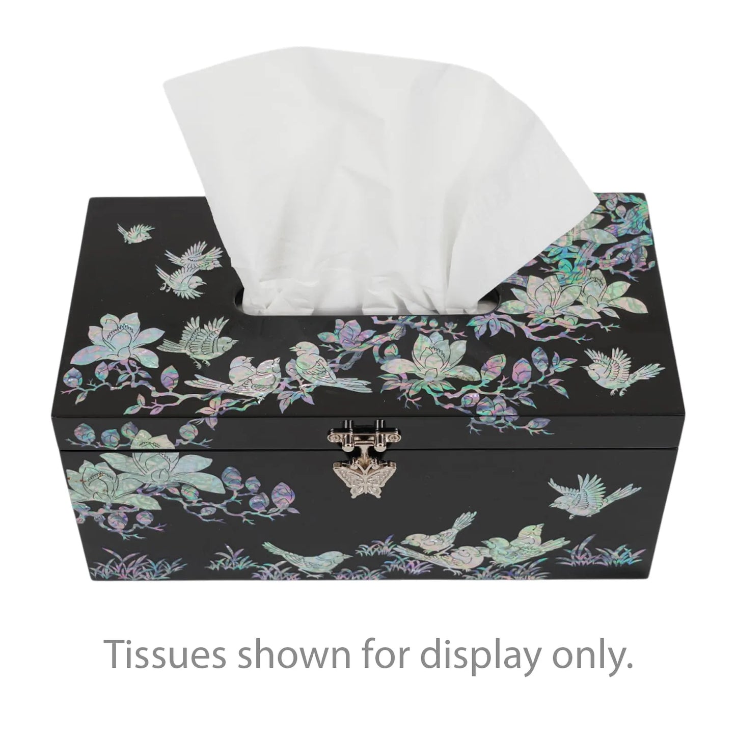 Black mother-of-pearl tissue box with floral bird inlay, tissues for display only