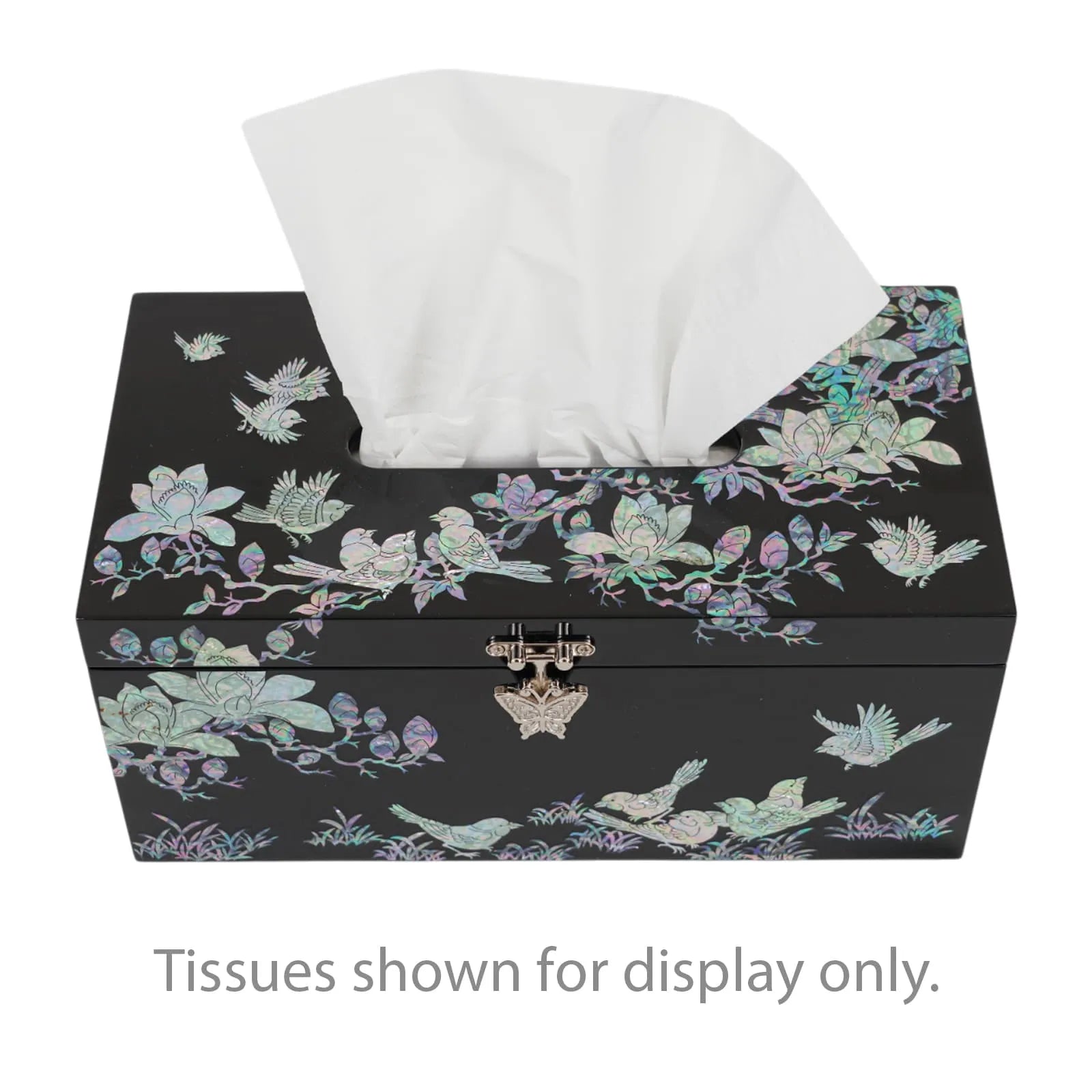 Black mother-of-pearl tissue box with floral bird inlay, tissues for display only