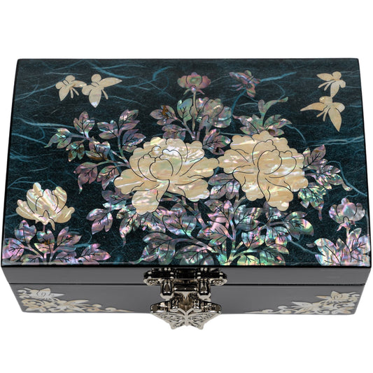 Blue-green jewelry box with mother-of-pearl peony flowers and butterflies