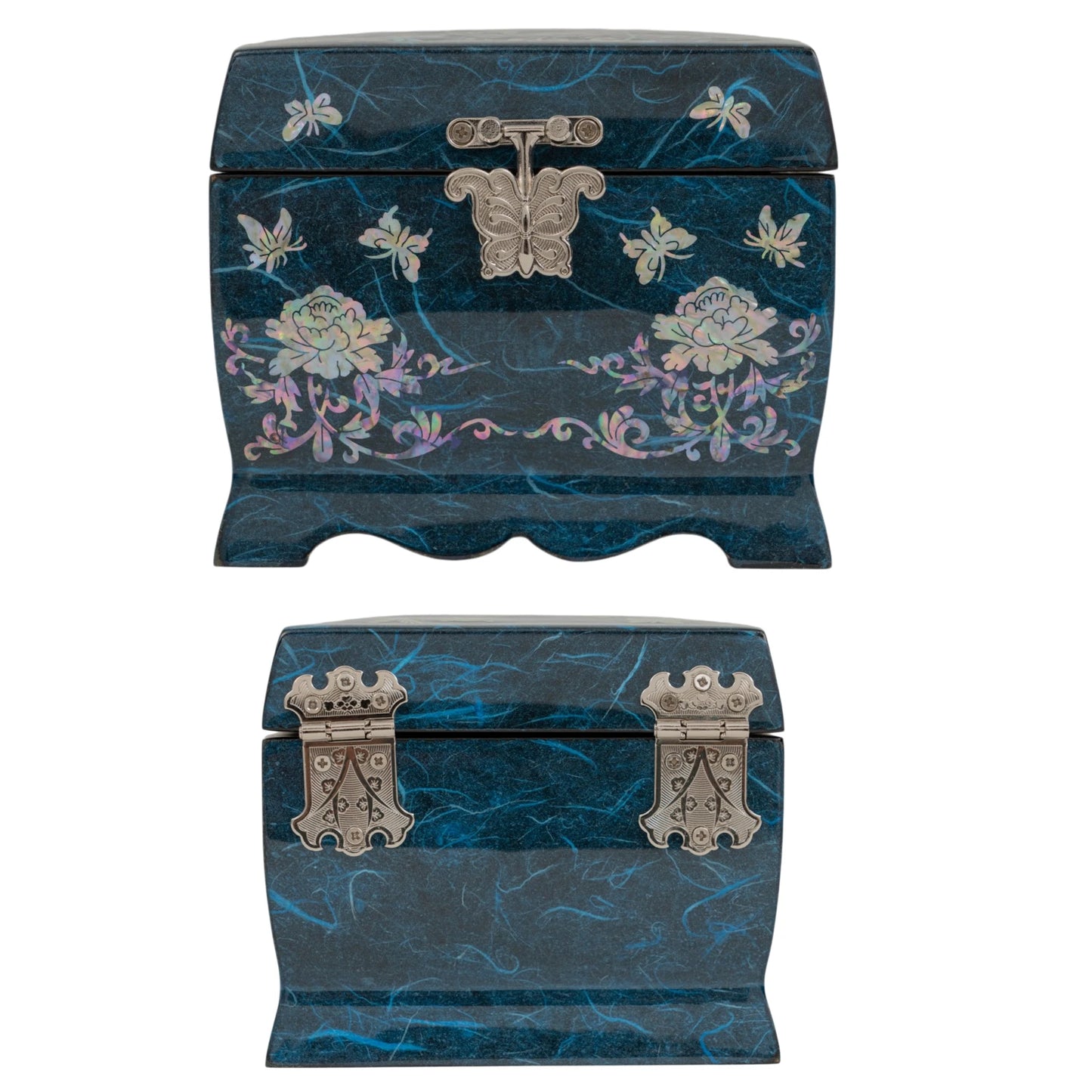 Blue Hanji jewelry box set showing the front view with mother-of-pearl inlays and the rear with detailed silver decorative hinges.