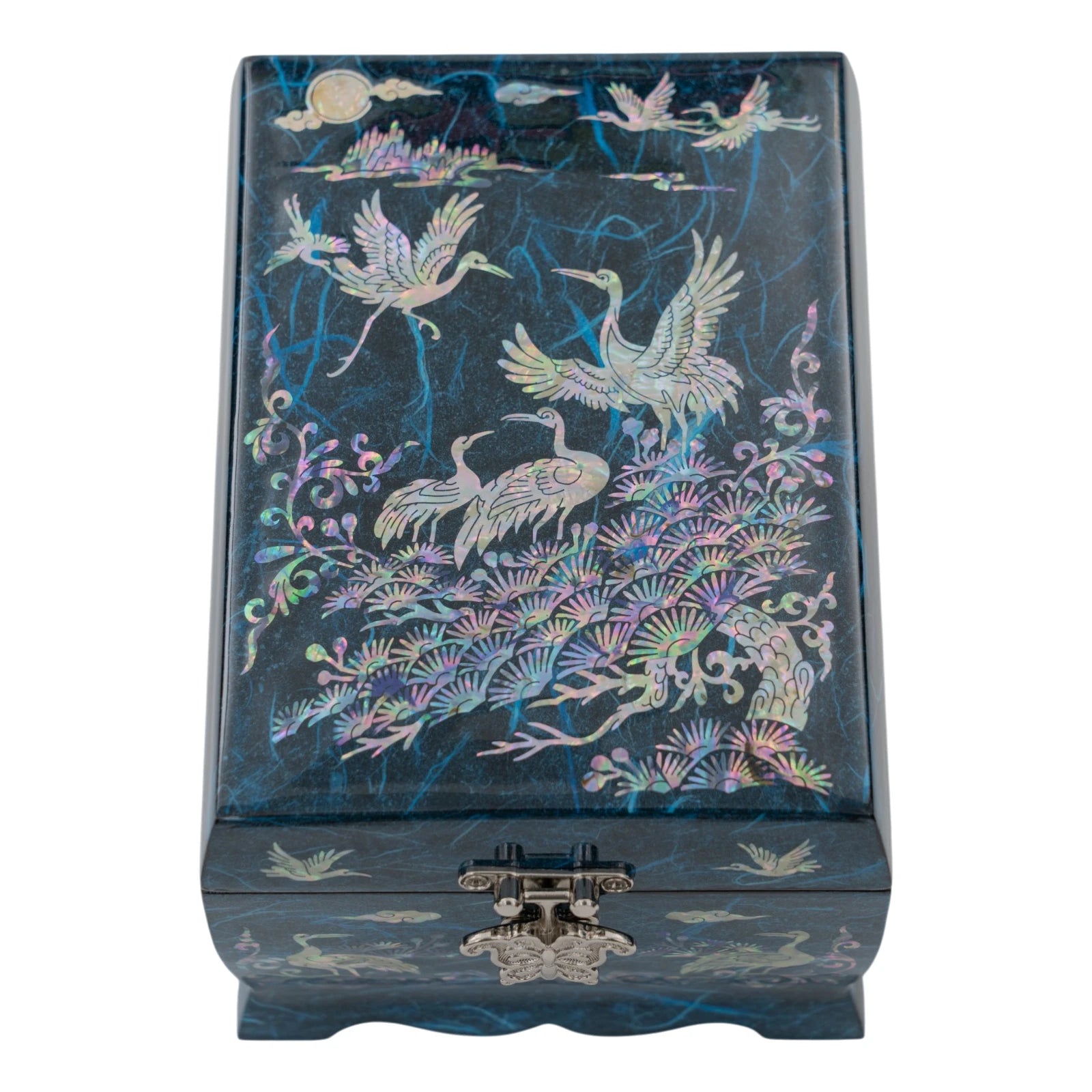 Blue Hanji jewelry box with mother-of-pearl cranes and pine trees, featuring a silver butterfly-shaped clasp and moon motif.