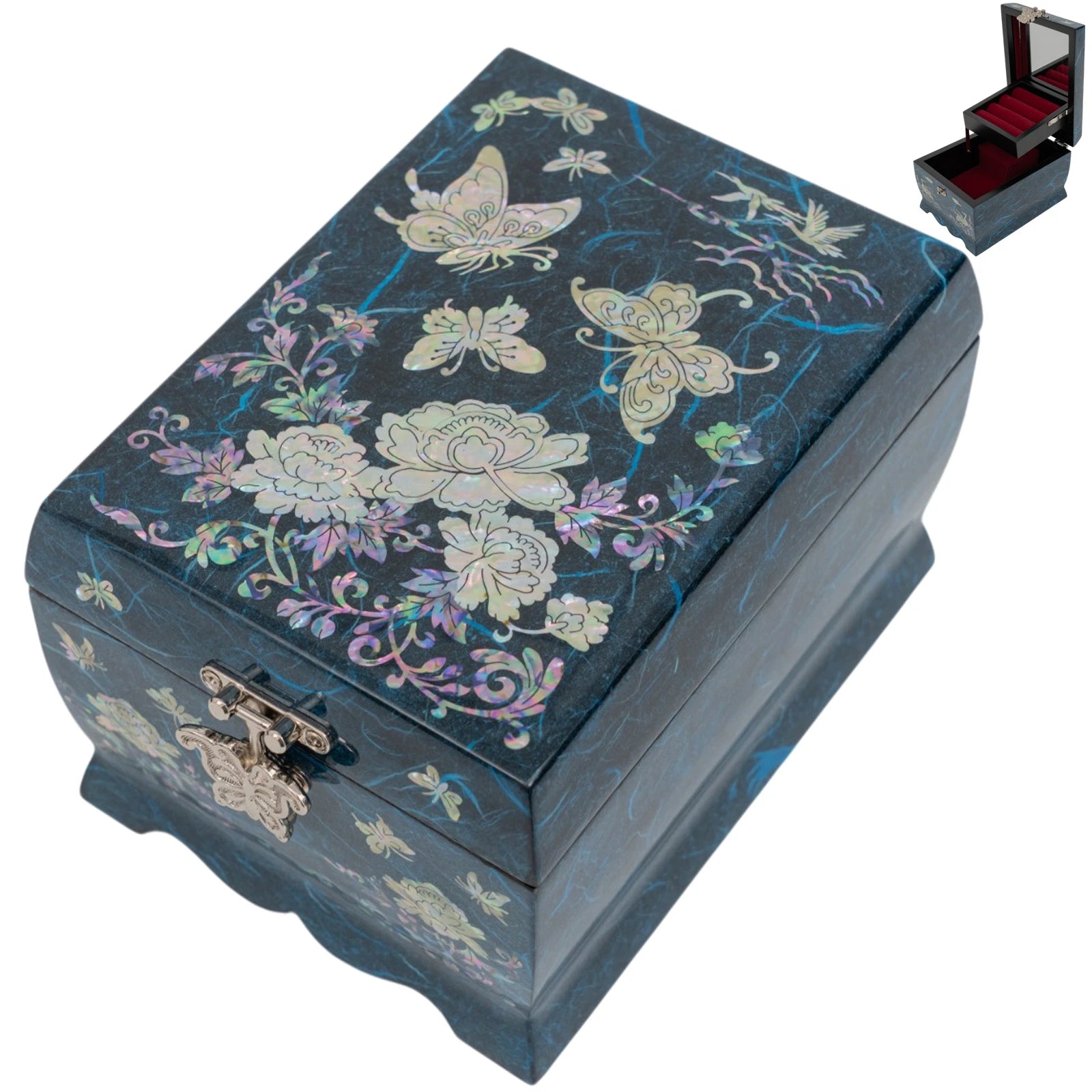 Blue Korean mother-of-pearl jewelry organizer with butterfly clasp, elegant lacquer trinket box for women and gift lovers