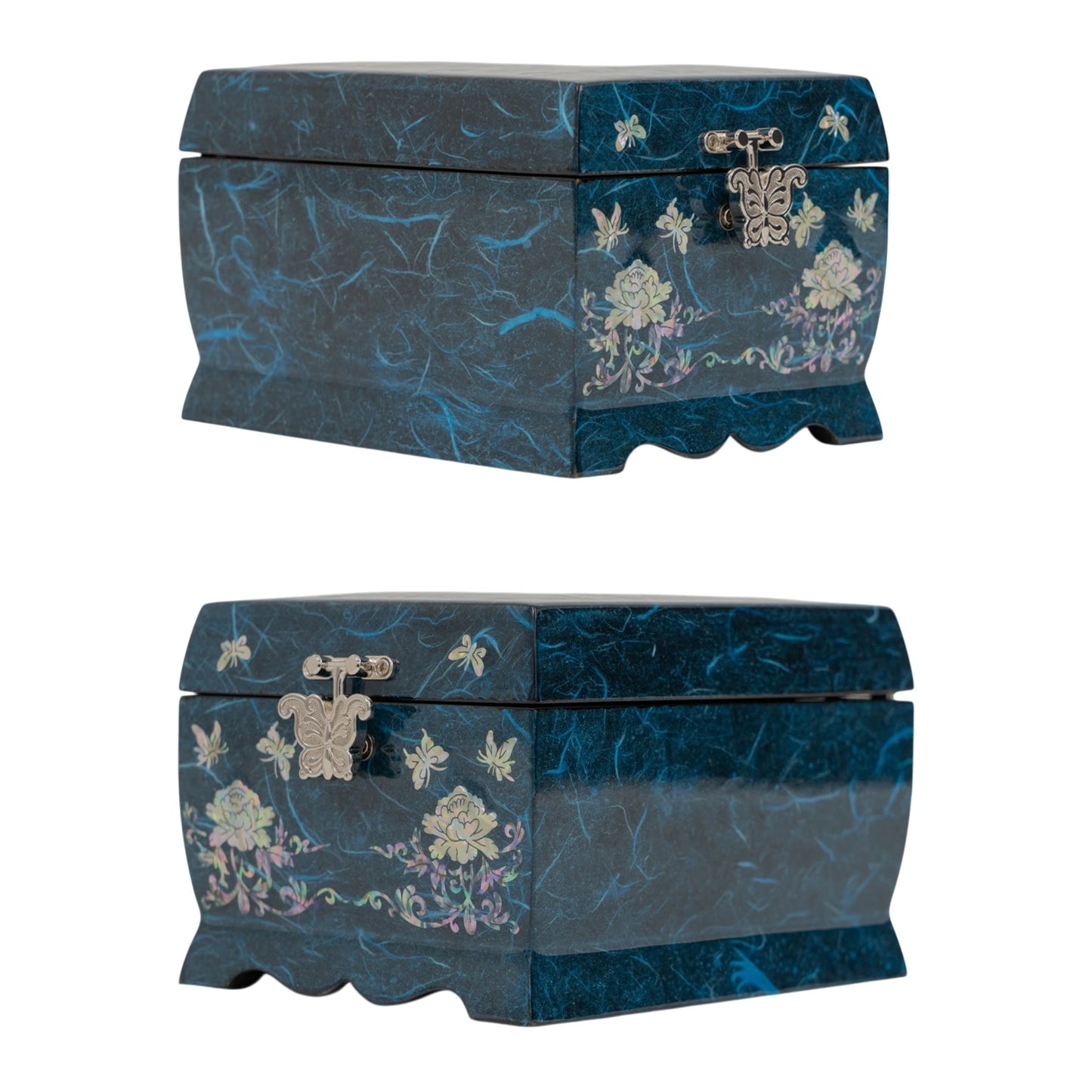 Blue lacquer jewelry box with Hanji paper texture, iridescent mother-of-pearl flower and butterfly inlays, and a silver butterfly-shaped clasp