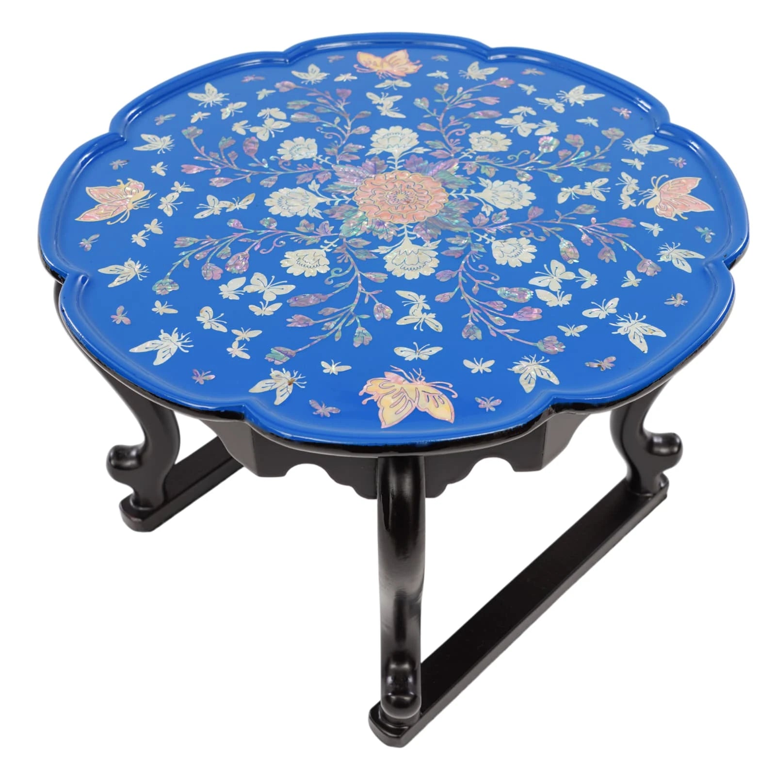 Blue lacquer mother-of-pearl inlay round tray table on black stand, traditional Korean decorative furniture