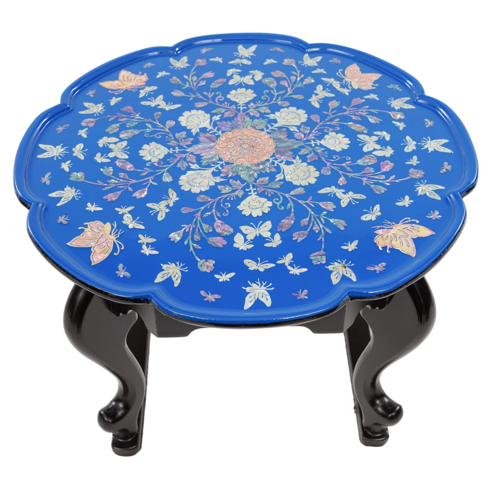 Blue lacquer mother-of-pearl inlay round tray table with floral butterfly motif and black curved legs