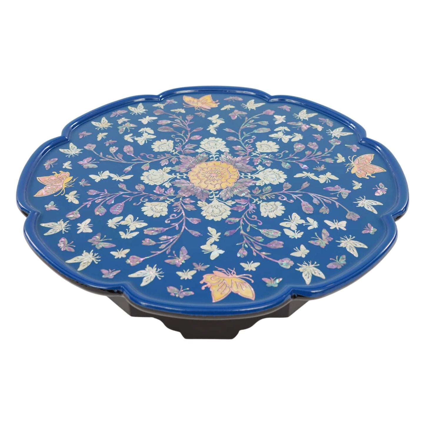 Blue mother-of-pearl inlay round lacquer tray table with floral and butterfly pattern, scalloped edge serving tray