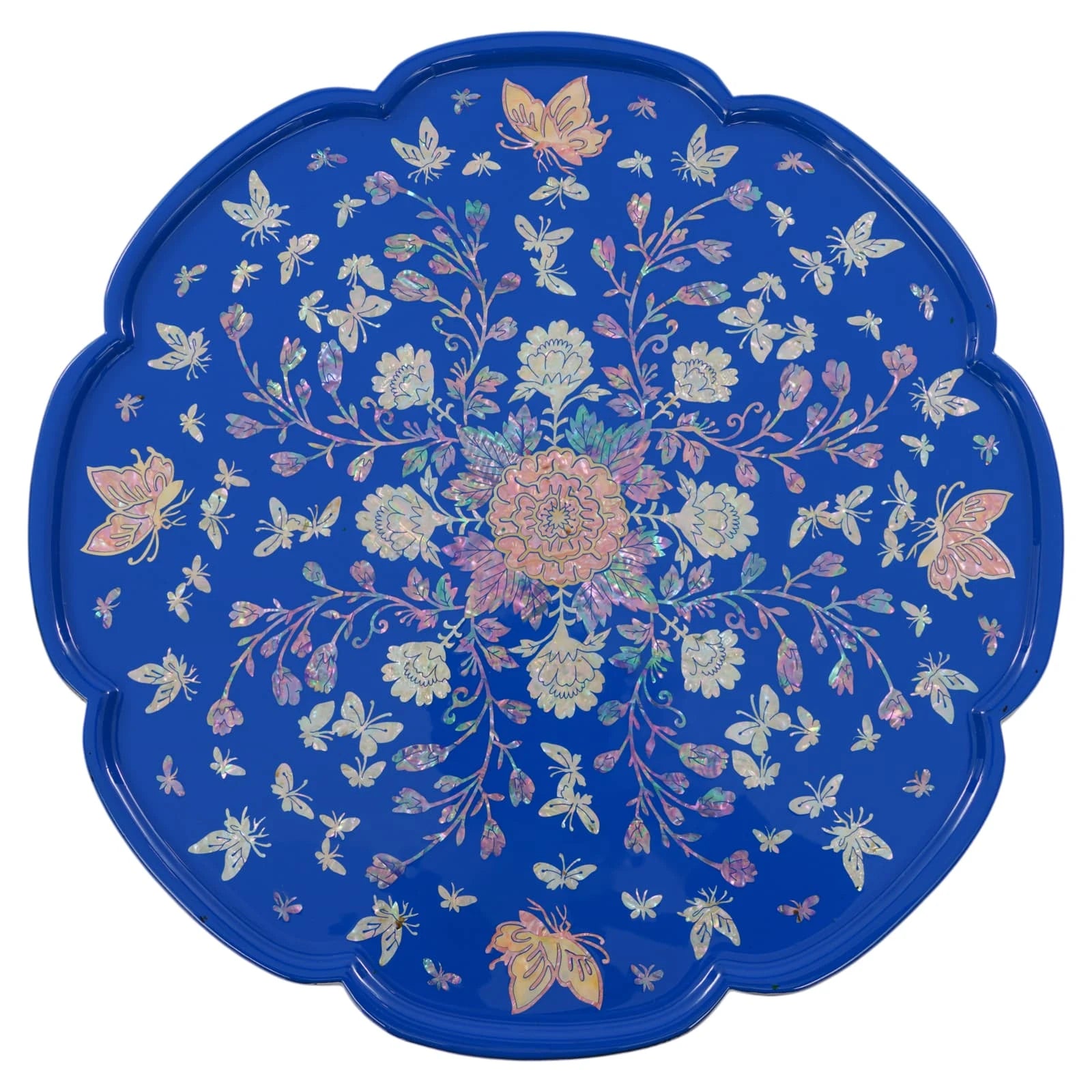 Blue mother-of-pearl inlay round tray with symmetrical floral and butterfly pattern, glossy lacquer finish