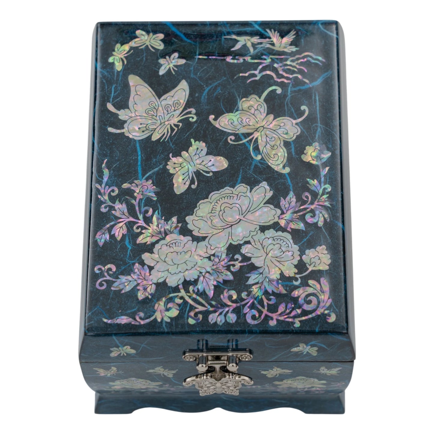 Blue mother-of-pearl jewelry box with butterfly and floral inlay, Korean lacquer trinket box for jewelry storage and gifts