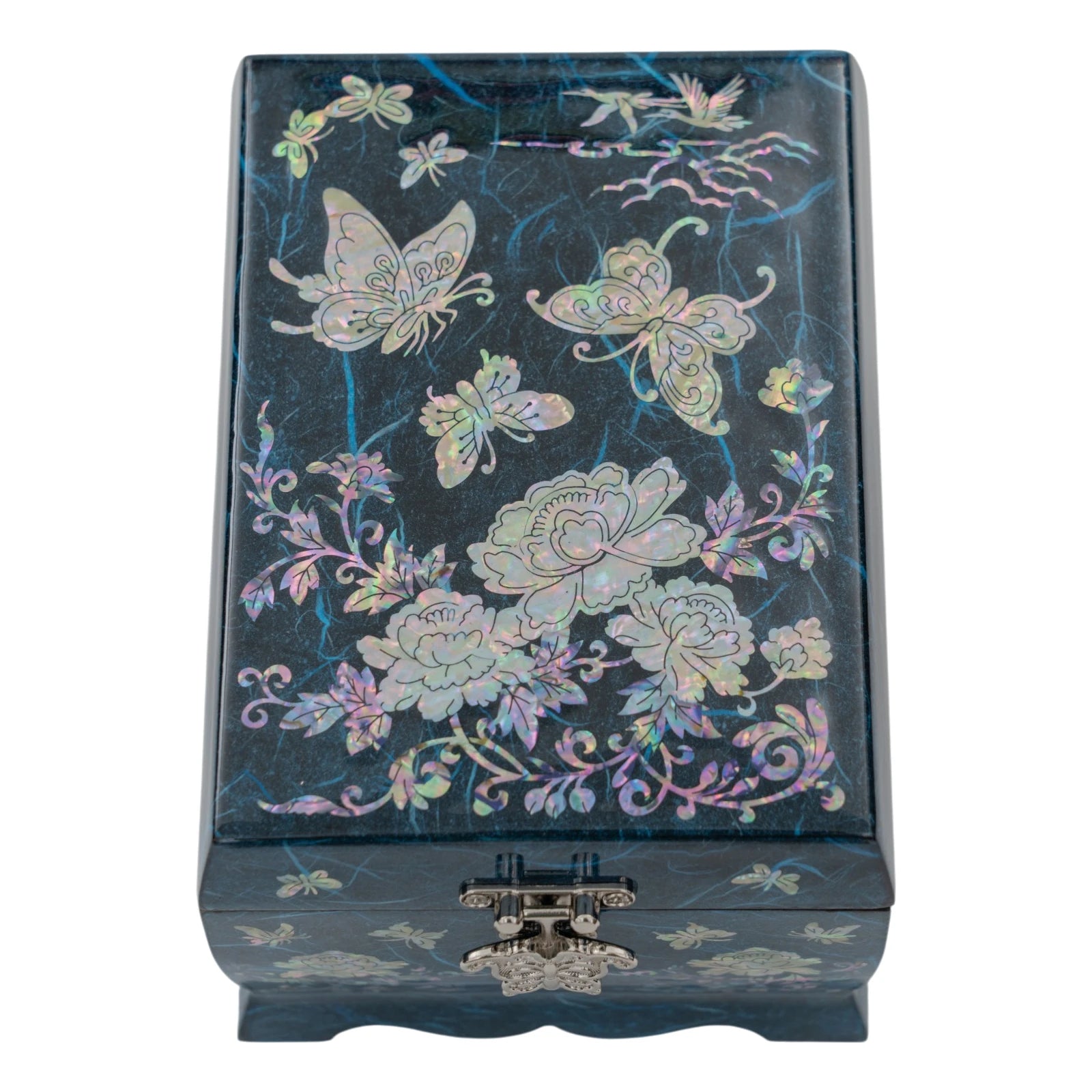 Blue mother-of-pearl jewelry box with butterfly and floral inlay, Korean lacquer trinket box for jewelry storage and gifts