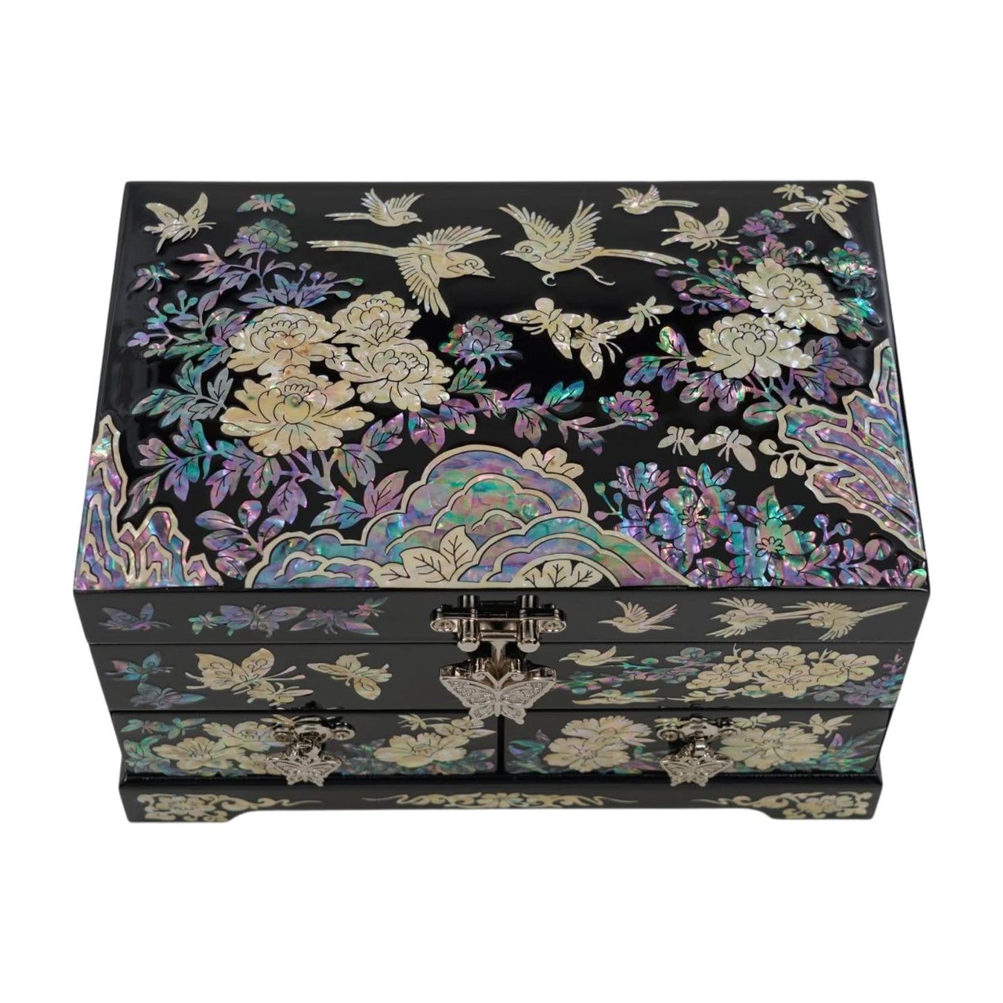 Bottom view of the black jewelry chest showing its smooth lacquer finish, sturdy base, and high-quality craftsmanship from every angle