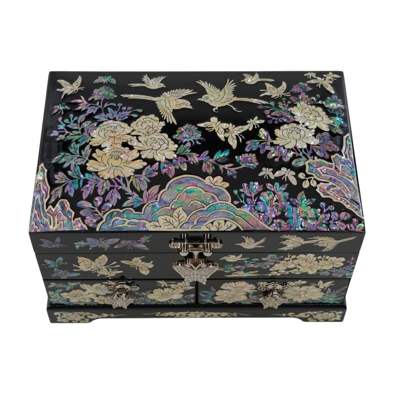 Bottom view of the black jewelry chest showing its smooth lacquer finish, sturdy base, and high-quality craftsmanship from every angle