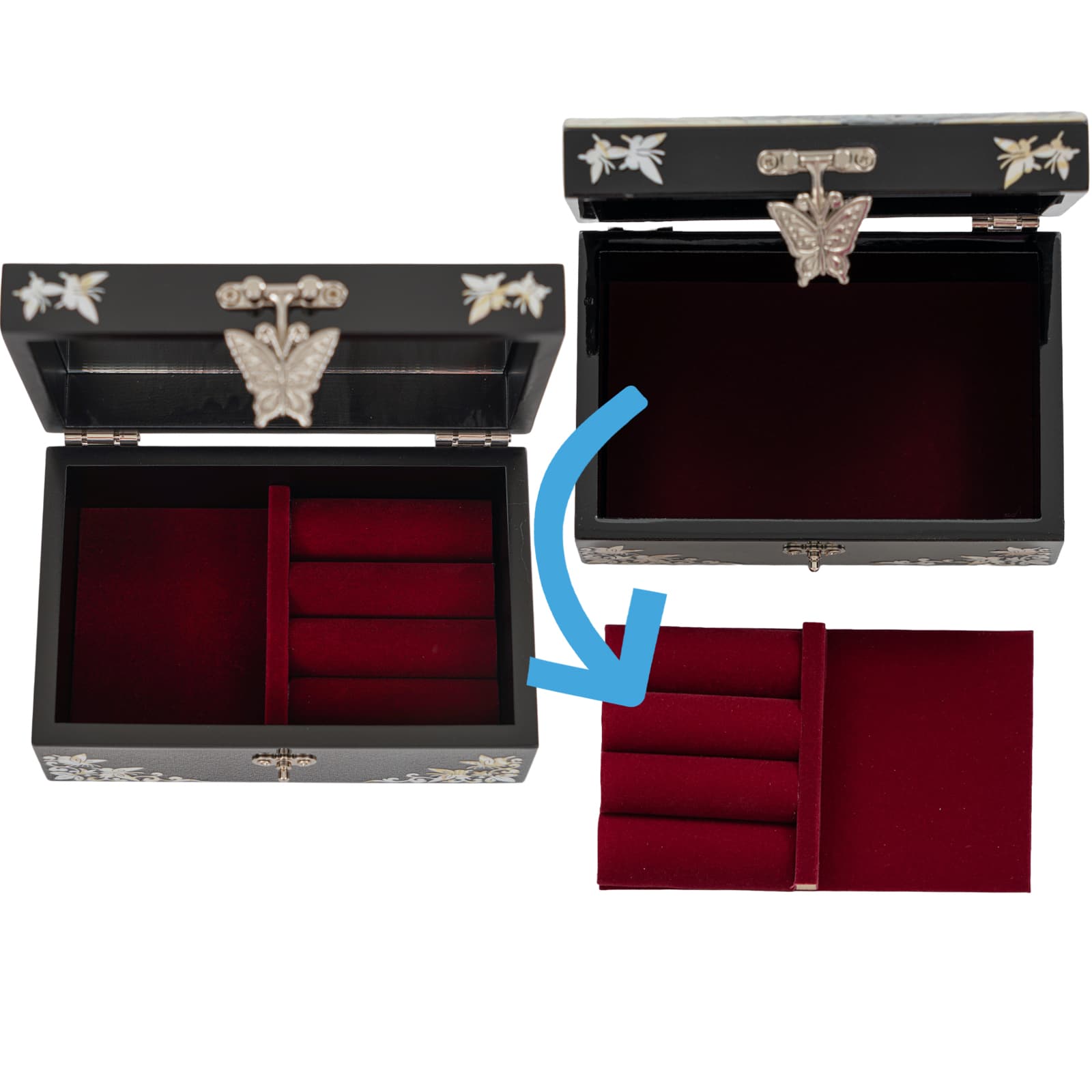 Box with removable red velvet tray showing hidden storage underneath