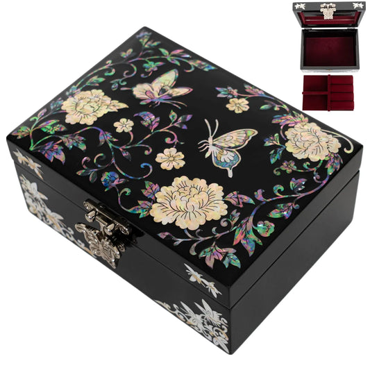 Butterfly and peony inlay box with open view showing red velvet interior