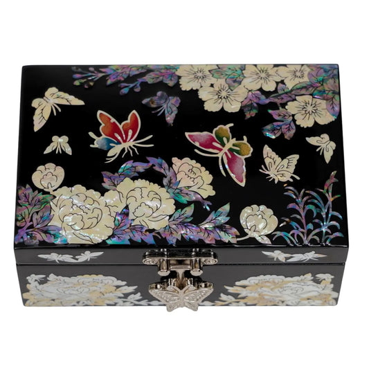 Butterfly and peony mother of pearl jewelry box, black lacquer, inset showing red velvet ring rolls