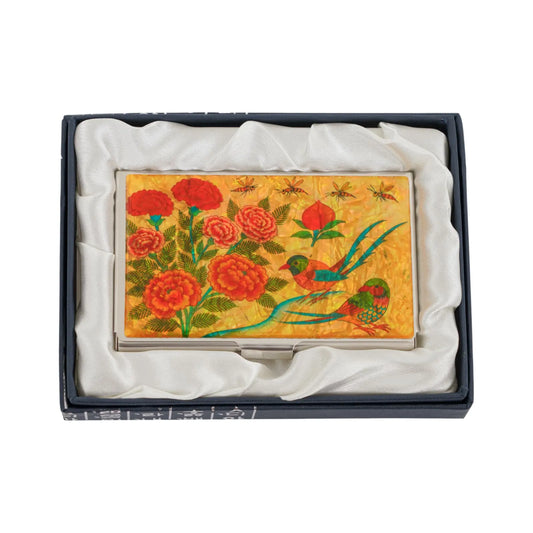 Card case with birds and red flowers on yellow mother-of-pearl in silk-lined gift box