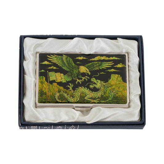 Card case with eagle and dragon design in a silk-lined box
