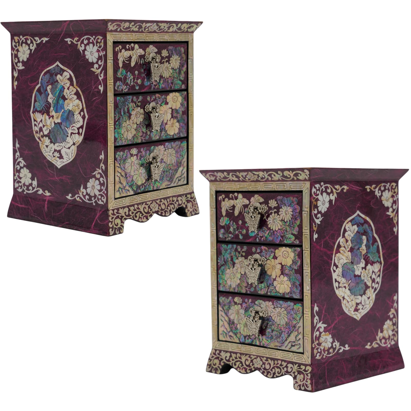 Centered front portrait of a Korean mother of pearl jewelry box, focusing on the iridescent seashell cranes and geometric border on a purple finish