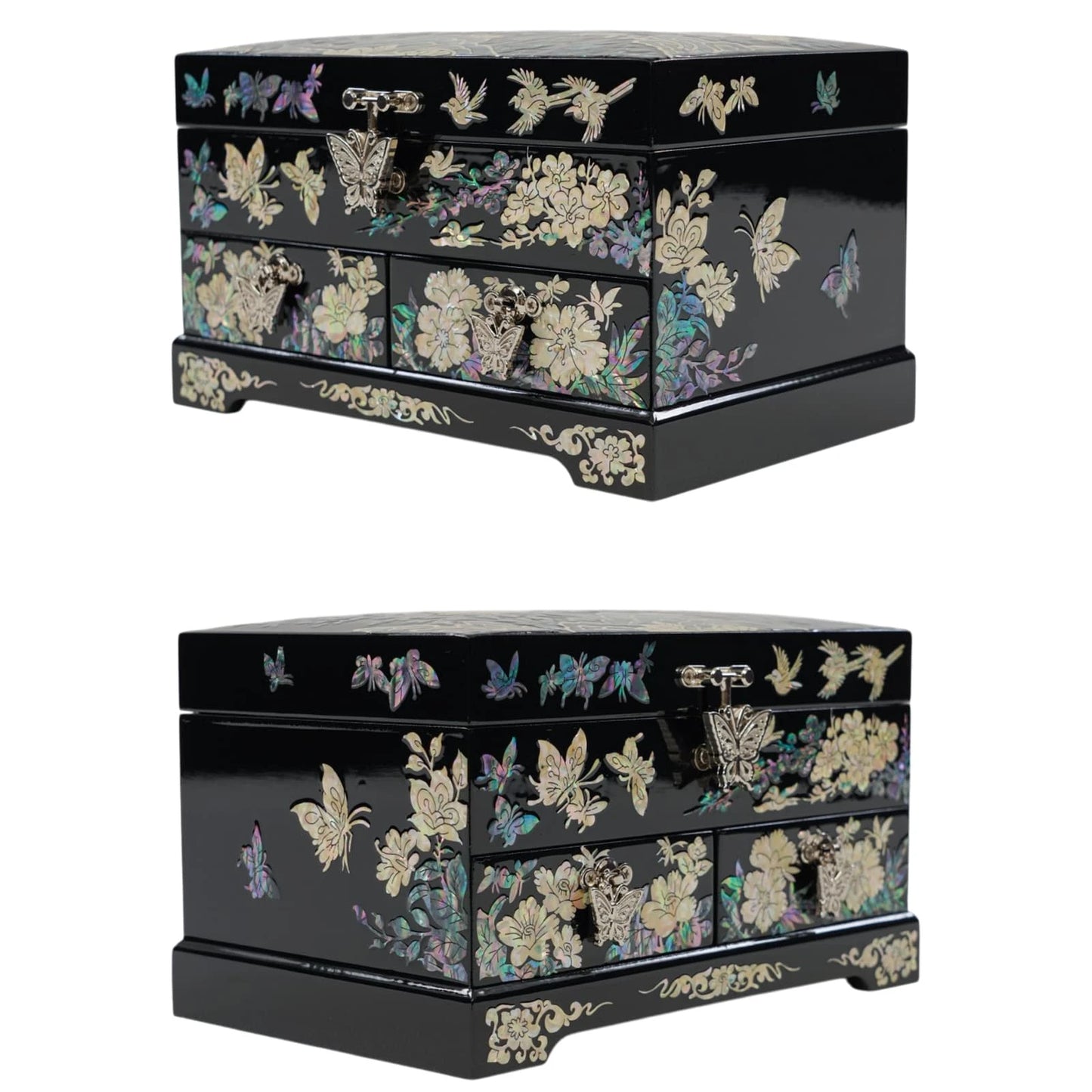 Close-up of the handcrafted lid with colorful mother of pearl inlays of butterflies and roses, set against a sleek black lacquer background