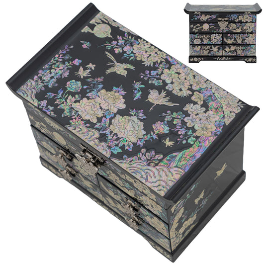 Closed black jewelry box with mother-of-pearl floral and bird designs, showing both angled and front views.