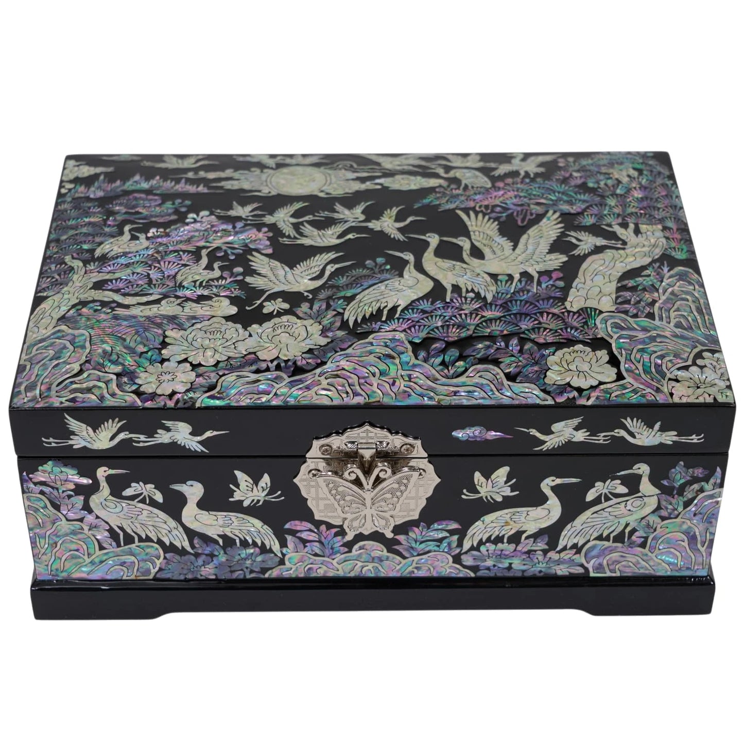 Closed black lacquer jewelry chest with intricate mother of pearl crane and pine tree design, unique gift for her