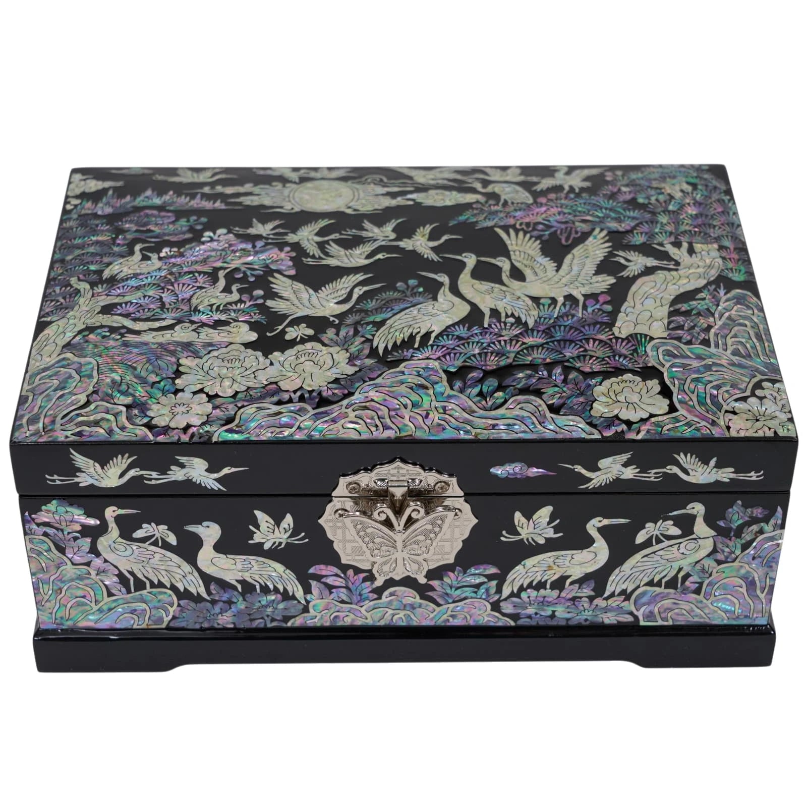 Closed black lacquer jewelry chest with intricate mother of pearl crane and pine tree design, unique gift for her