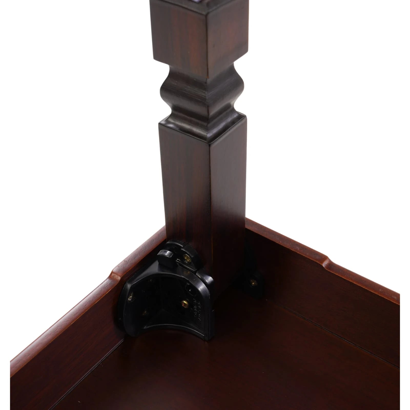 Close up of reinforced table leg bracket and corner joint on Korean wooden mother of pearl inlay coffee table