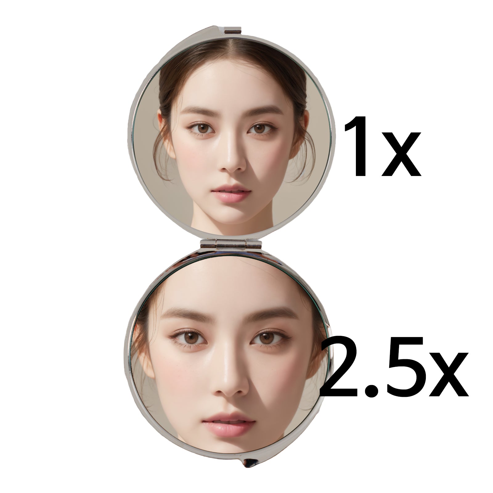 Compact mirror with 1x and 2.5x magnification, showcasing natural reflection and enhanced detail view