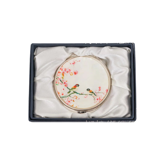 Compact mirror with cherry blossoms and birds in satin-lined gift box