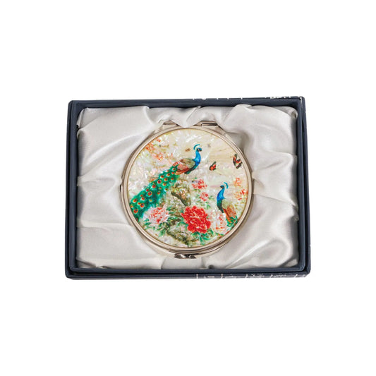 Compact mirror with peacock motif in gift box lined with satin