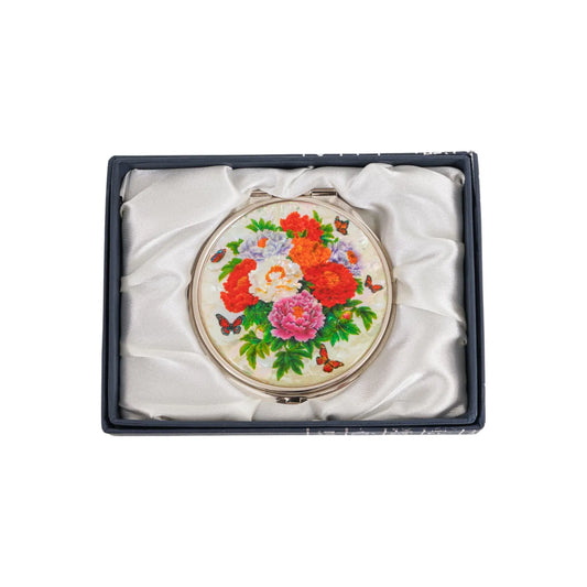 Compact mirror with peony and butterfly inlay in silk-lined gift box